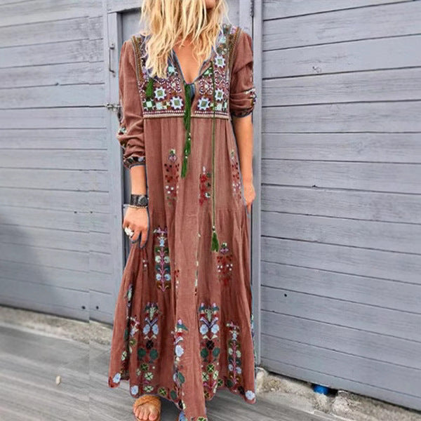 Ladies embroidered maxi dress with long sleeves, tassel closure and folkloric embroidery Mune Fashion