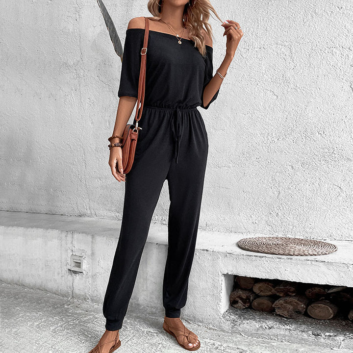 Women's Off-Shoulder Casual Jumpsuit with Drawstring Waist and Long Pants Legs Mune Fashion