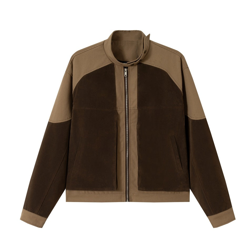 Men's short jacket in boxy-blouson style made of velour and canvas mix with high stand-up collar Mune Fashion