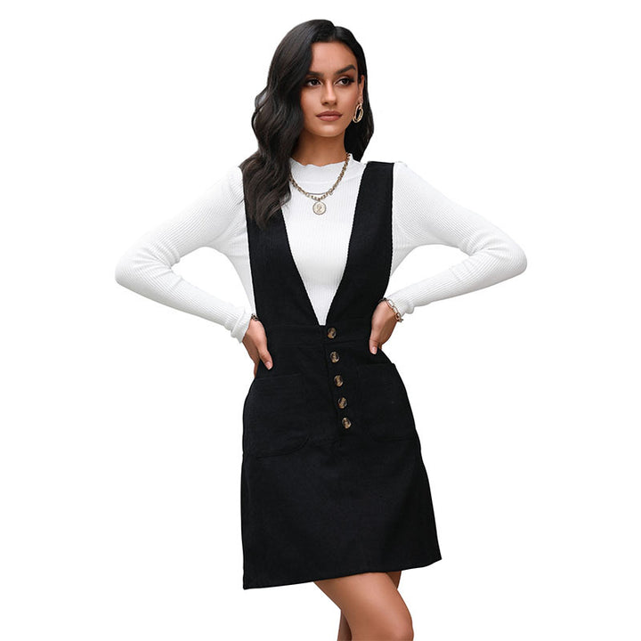 Women's A-Line Dungaree Dress with Deep V-Neck, Button Placket, and Patch Pockets Mune Fashion