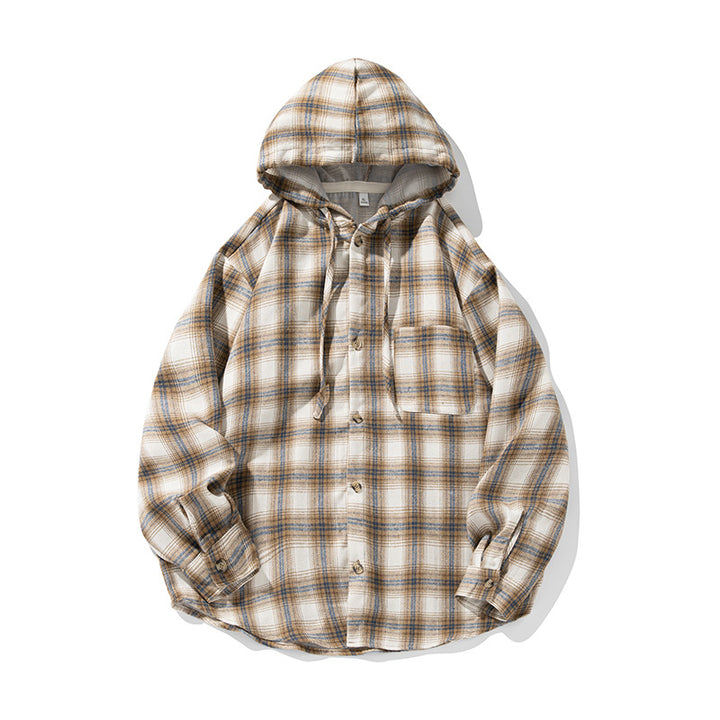 Unisex Hooded Check Shirt in Workwear Style with Curved Hem Mune Fashion