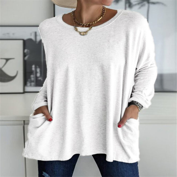 Women's oversized long sleeve tunic with round neckline, drop shoulder and patch pockets Mune Fashion