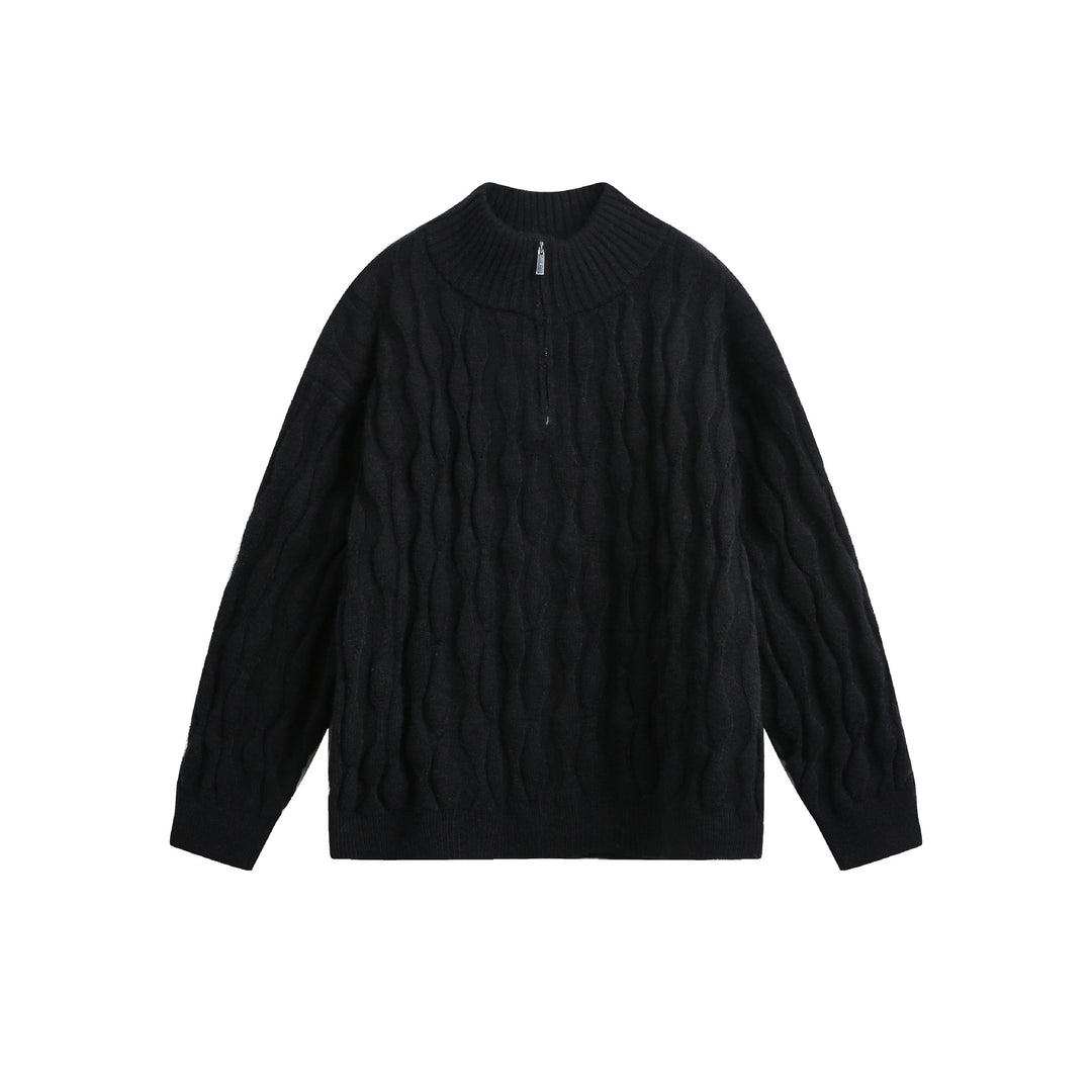 Unisex Chunky Knit Halfzip Sweater with Cable Pattern and Stand-up Collar Mune Fashion