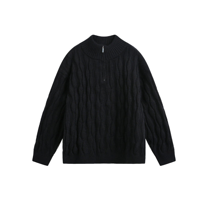 Unisex Chunky Knit Halfzip Sweater with Cable Pattern and Stand-up Collar Mune Fashion