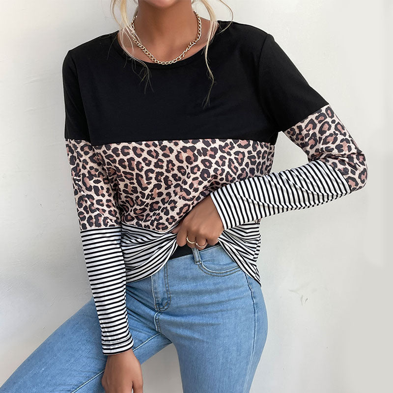 Women's Colorblock Long Sleeve Top with Leopard and Stripe Mix Mune Fashion