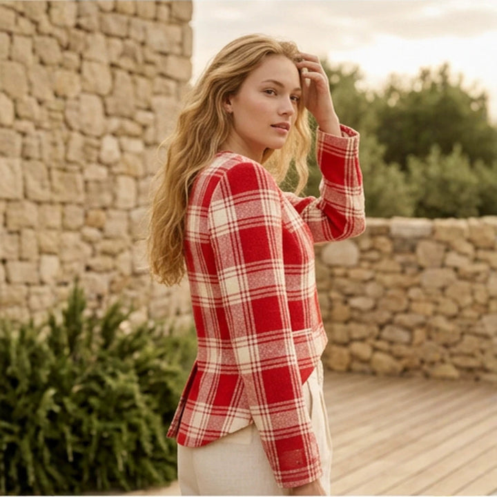 Women's Short Cut Tailored Check Blazer with Deep V-Neck and Flap Pockets Mune Fashion