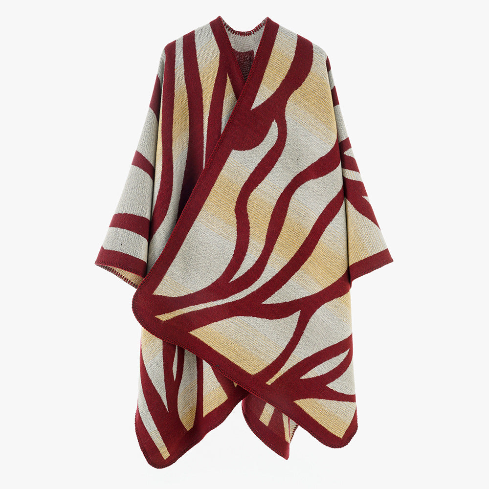Women's textured knit cape with asymmetric wrap style and jacquard pattern Mune Fashion
