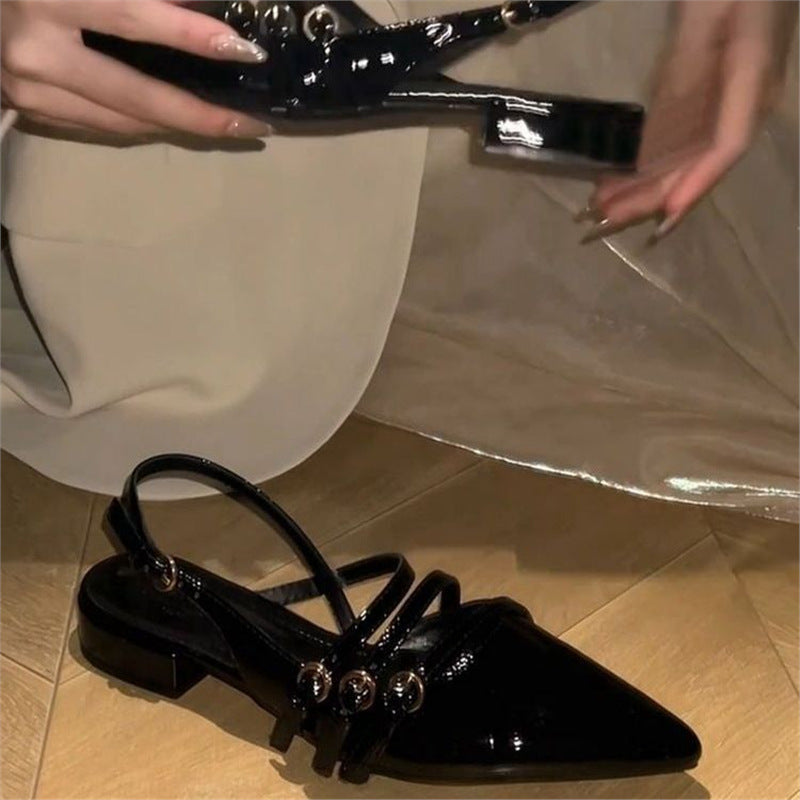 Women Elegant pointed toe Slingback mules in patent look with triple straps and low block heel Mune Fashion