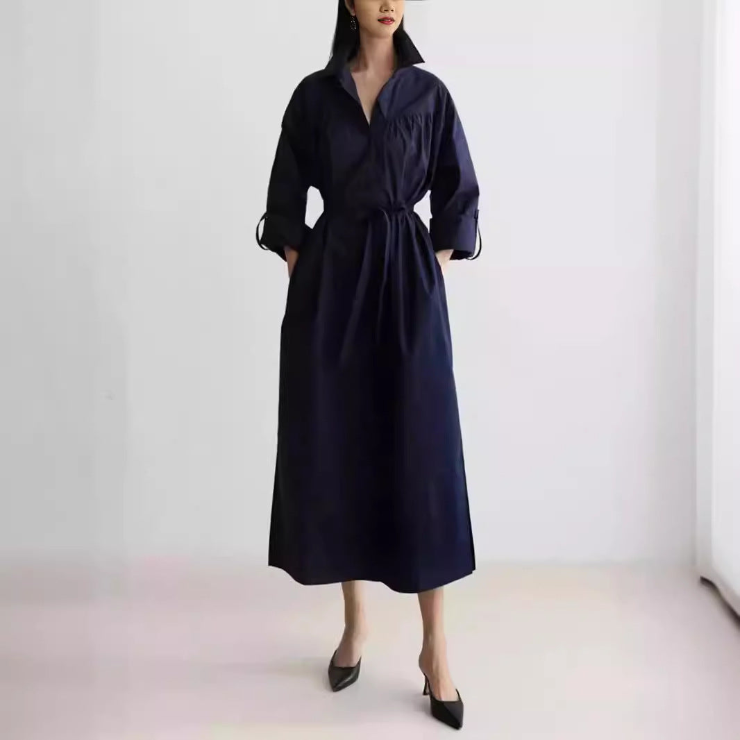 Women Long Sleeve Shirt Blouse Maxi Dress with Structured Shoulder Yoke and Tie Belt Mune Fashion