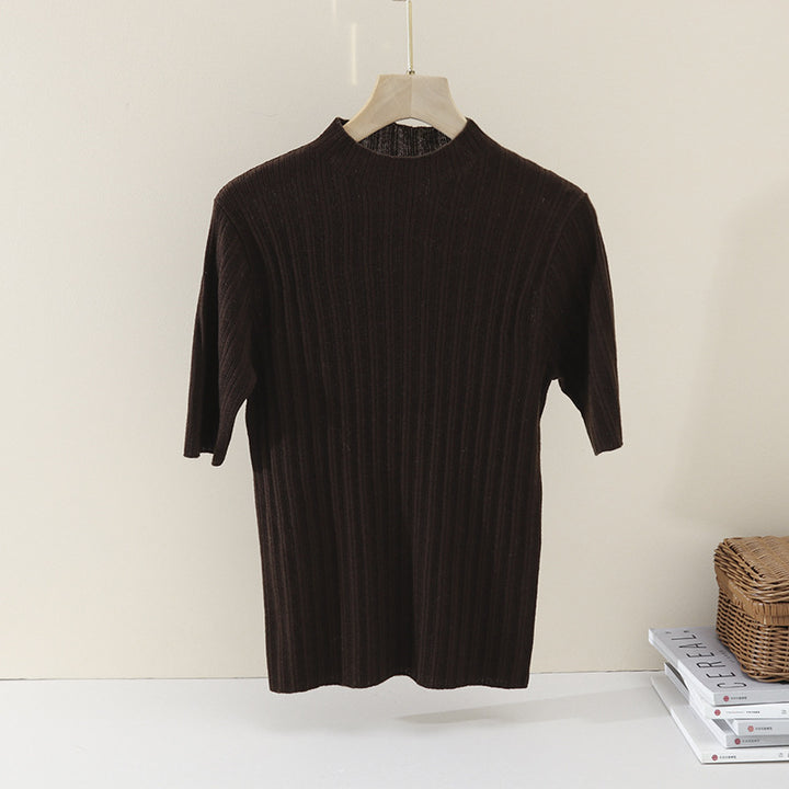 Ladies Fine Ribbed Short Sleeve Fine Knit Top with Stand Collar Mune Fashion