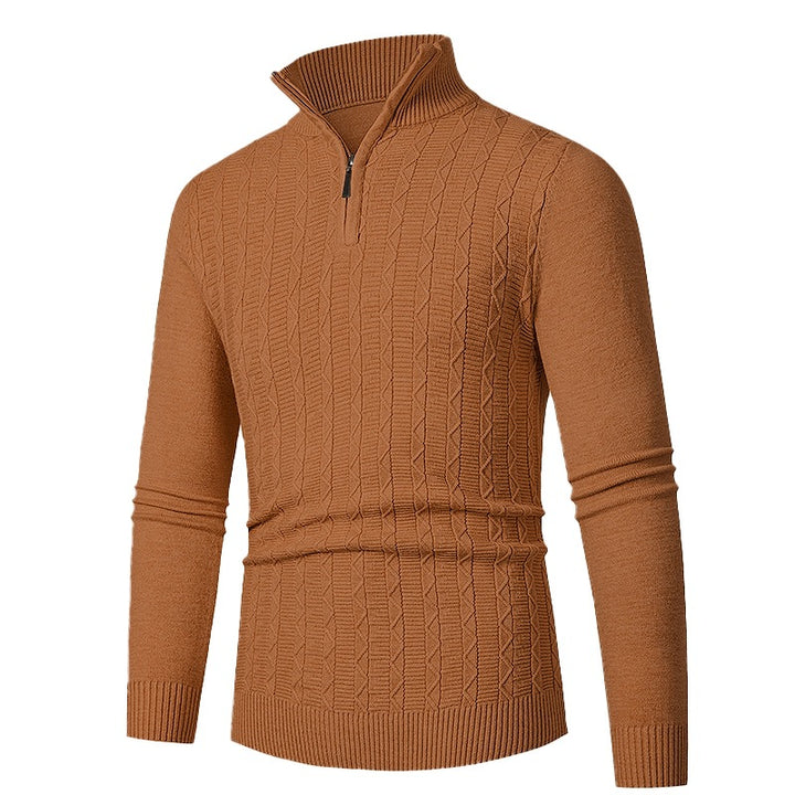 Men's Slim Fit Half-Zip Structured Pullover made of Merino Blend with Cable Knit Pattern and Stand-Up Collar Mune Fashion