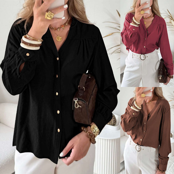 Women's blouse with V-neck, gathered shoulder yoke and balloon sleeves Mune Fashion