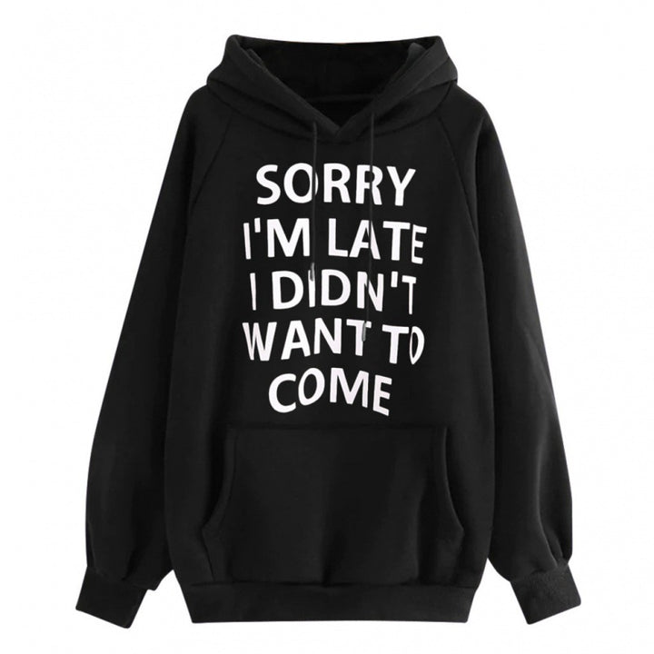 Women Loose Hoodie with Statement Print, Kangaroo Pocket and Raglan Sleeves Mune Fashion