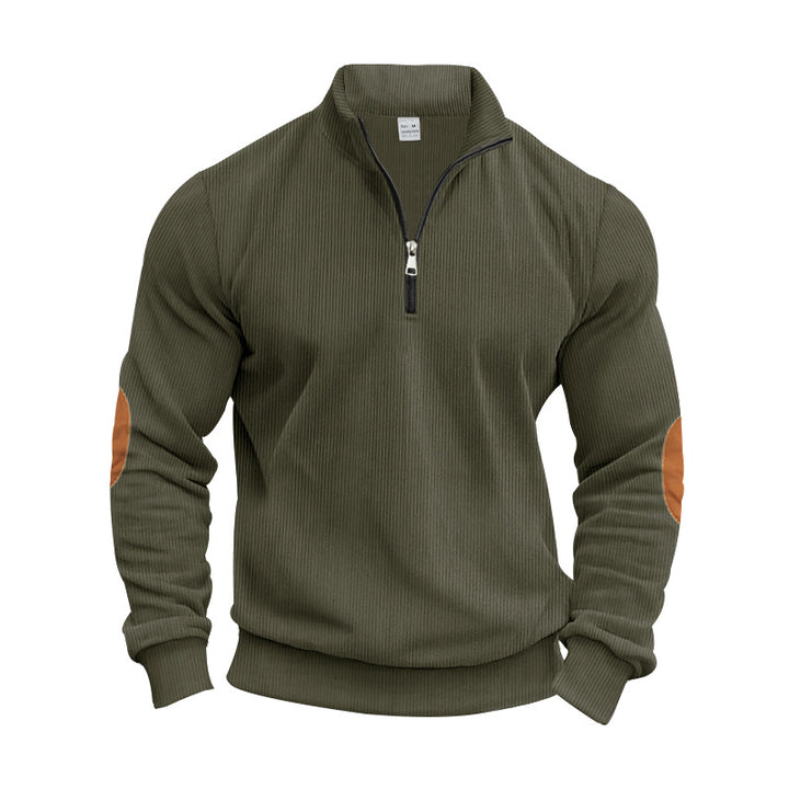 Men's structured cotton knit pullover with half zipper and elbow patches Mune Fashion