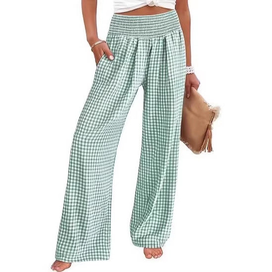 Women Lightweight Palazzo Pants with Smocking Waist, Wide Leg and Check Print Mune Fashion