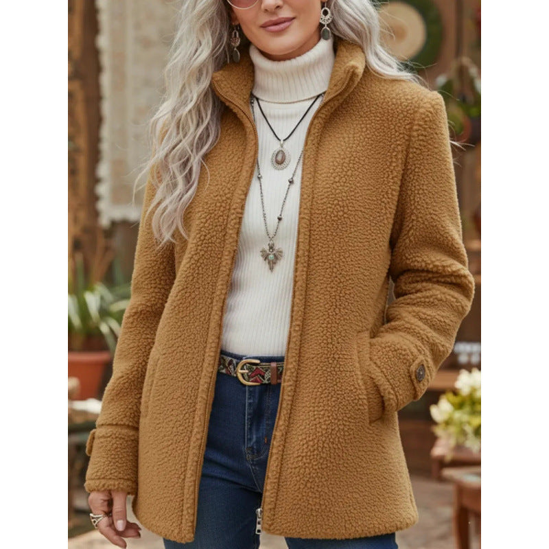 Women Cozy Teddy Cardigan Coat with Stand-Up Collar, Hidden Zipper and Decorative Button Cuffs Mune Fashion