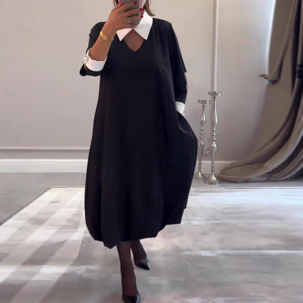 Women's casual midi dress with pointed contrast collar, cuffed sleeves, side pockets, and balloon hem Mune Fashion