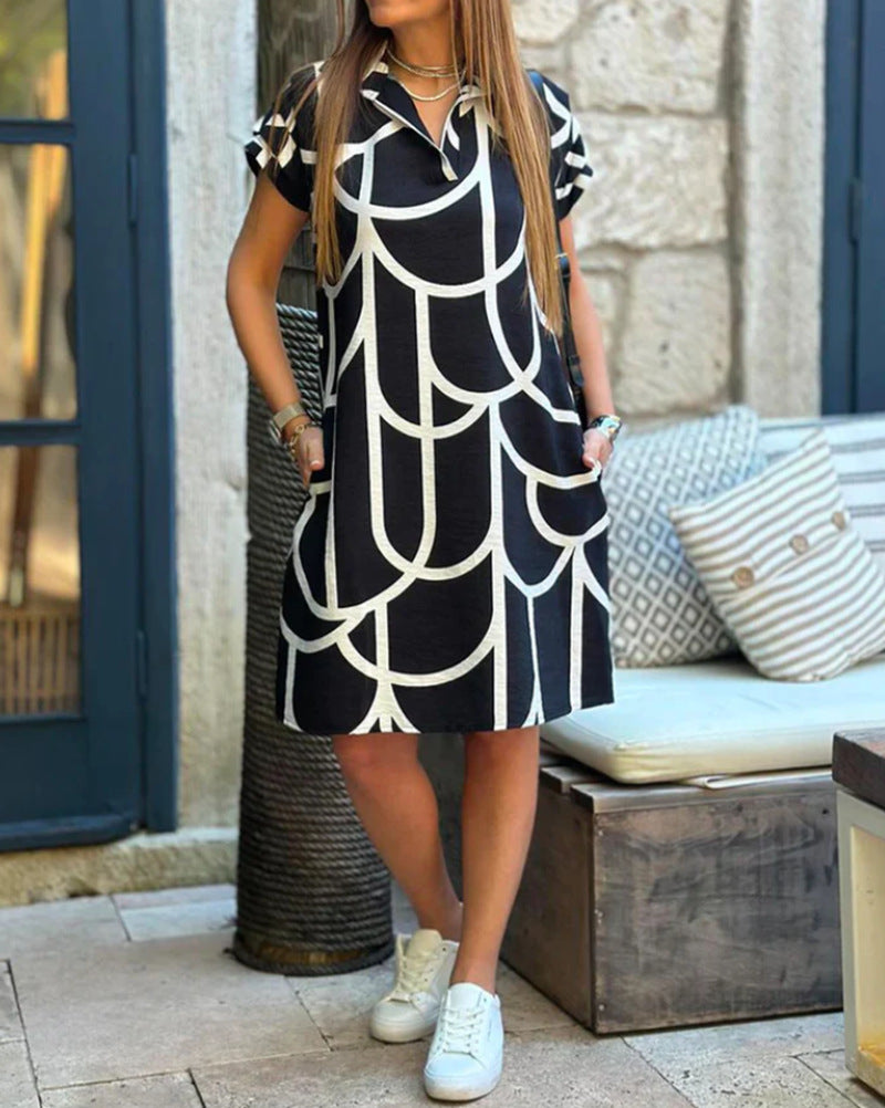 Ladies' geometric shift dress with polo collar and rolled-up short sleeves Mune Fashion