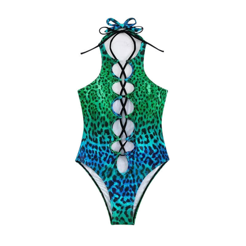 Women's one-piece swimsuit with exciting safari pattern and sophisticated lace-up design Mune Fashion