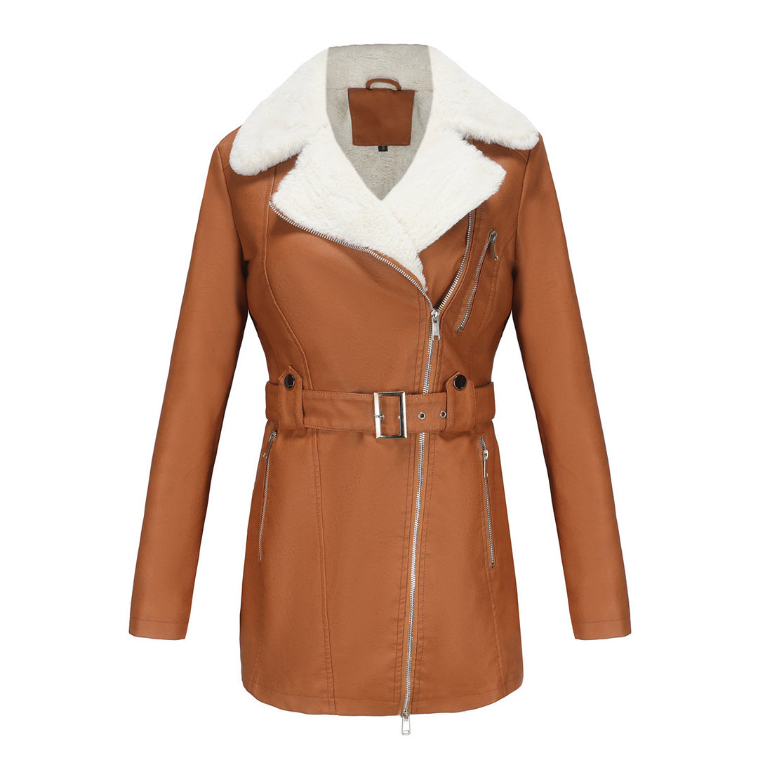 Ladies tailored coat in lambskin look with asymmetrical zipper and wide waist belt Mune Fashion