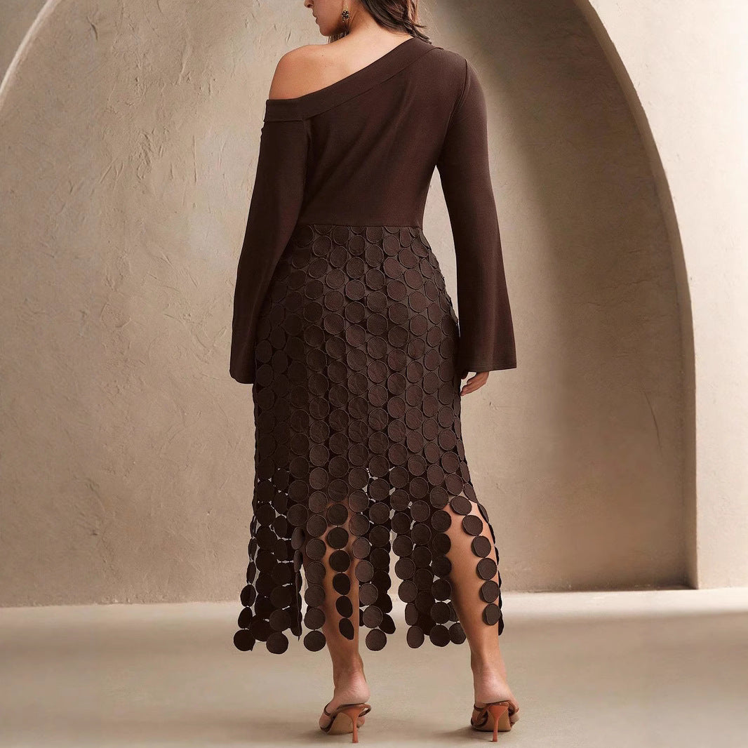 Women’s Asymmetrical Midi Dress with One Shoulder Top and Circle Appliqué Skirt Mune Fashion