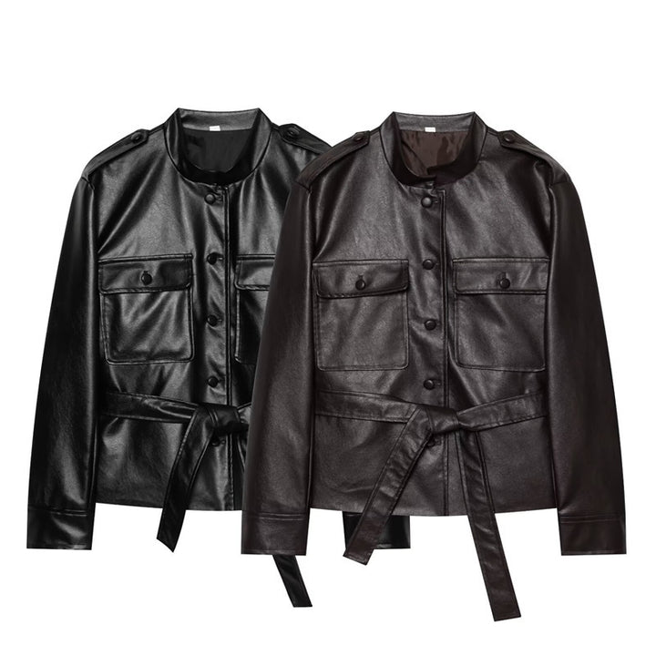 Women's Tailored Faux Leather Safari Jacket with Tie Belt and Flap Pockets Mune Fashion