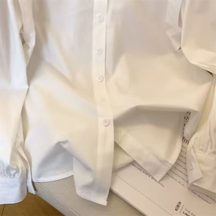 Women’s pearl-embellished shirt blouse with puff sleeves and pointed collar Mune Fashion