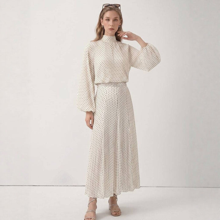 Women's Two-Piece Set made of lightweight chiffon with wide midi skirt and balloon sleeve blouse with bow collar Mune Fashion