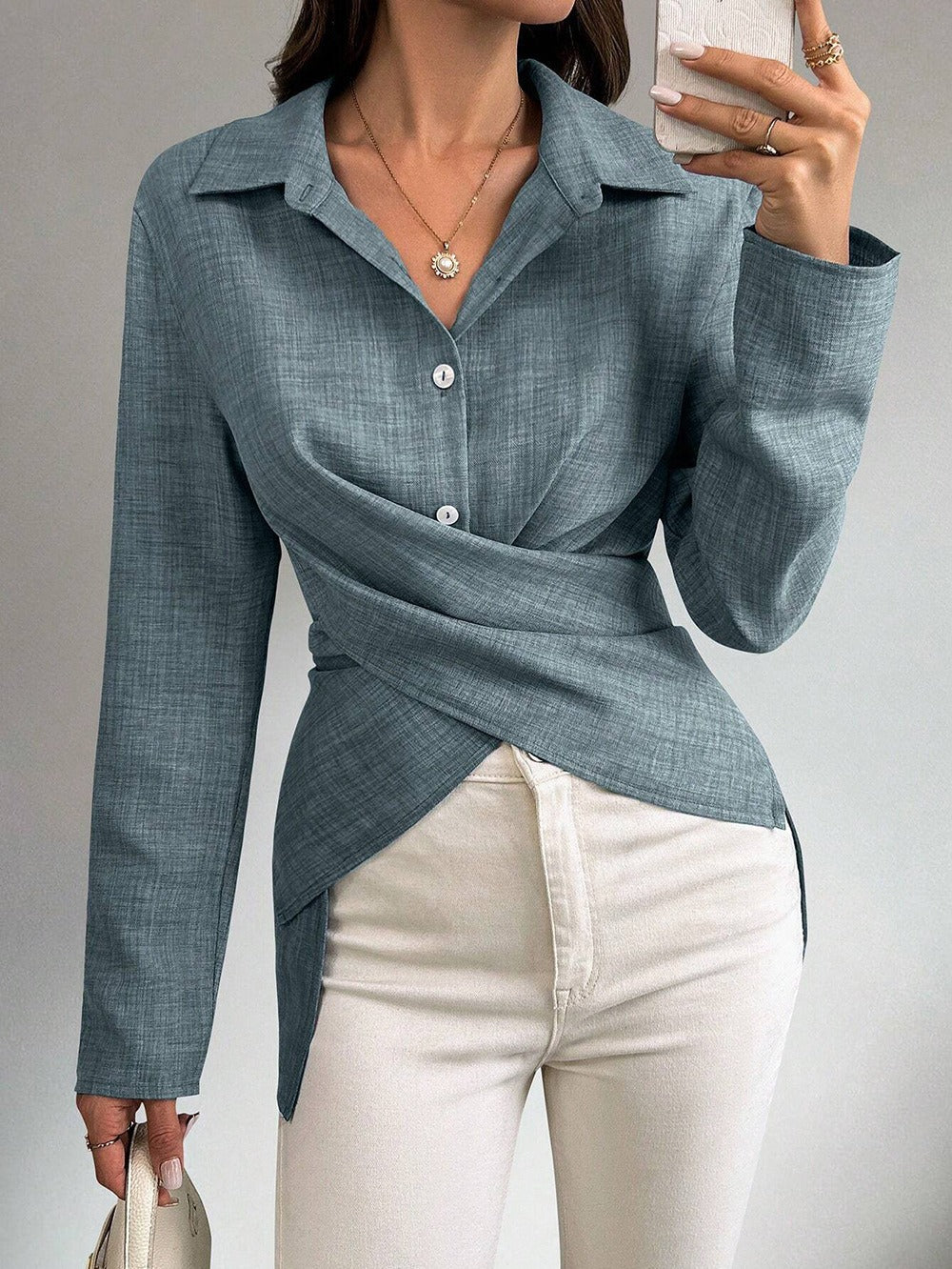Women's wrap blouse with shirt collar and asymmetrical hem Mune Fashion