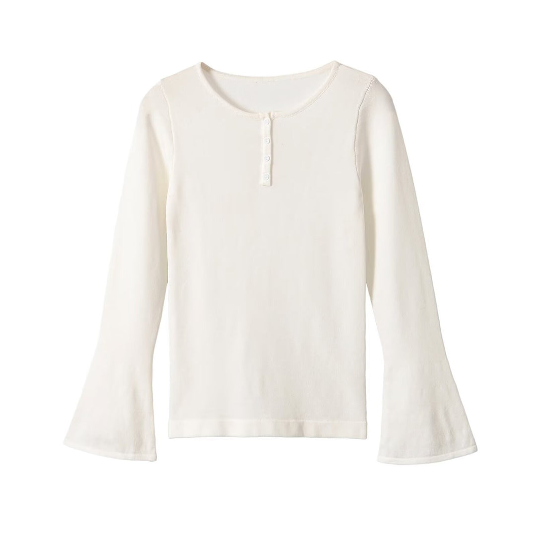 Women's fine knit long sleeve with Henley button placket and flared trumpet sleeves Mune Fashion