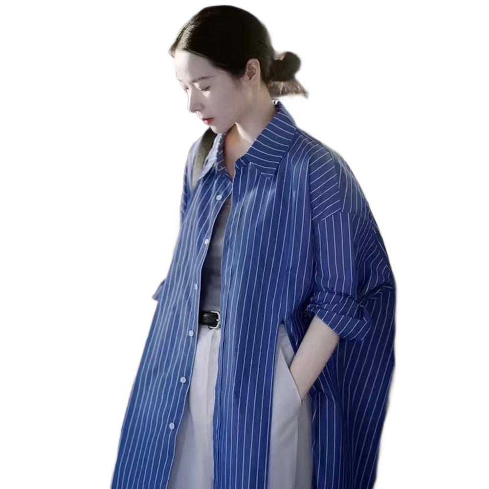 Women's longline shirt with pinstripes, oversized silhouette and extended hem Mune Fashion