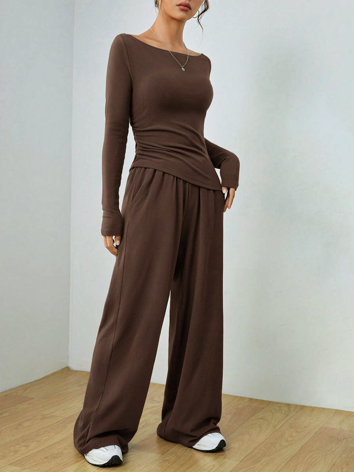 Women's Casual Two-Piece Lounge Set with Boat Neck, Tailored Draping and Wide Palazzo Pants Mune Fashion