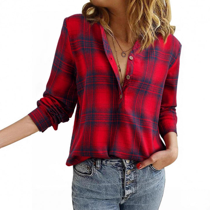 Women’s check blouse in oversized look with V-neck, button placket, and rounded hem Mune Fashion