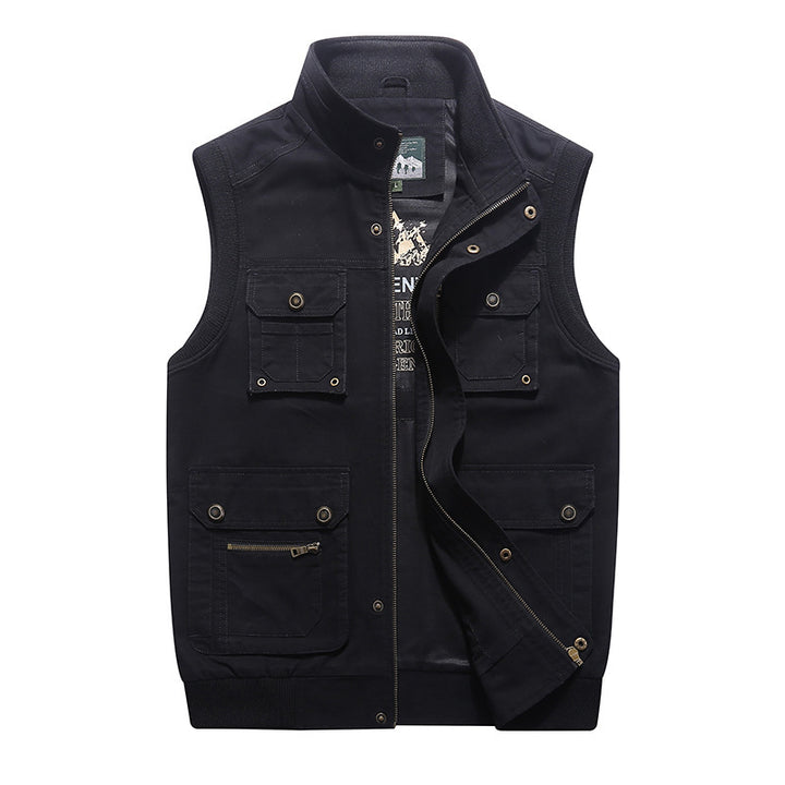 Men's Canvas Utility Vest with Multiple Front Pockets, Zipper and High Stand-Up Collar Mune Fashion