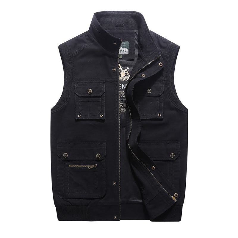 Men's Canvas Utility Vest with Multiple Outer Pockets, Zipper and Stand Collar Mune Fashion