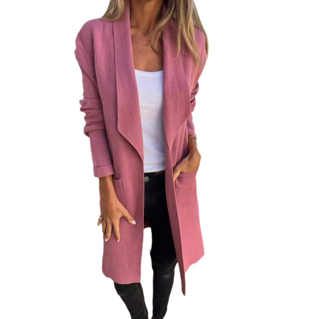 Women Open Long Cardigan Coat with Shawl Collar and Patch Pockets Mune Fashion