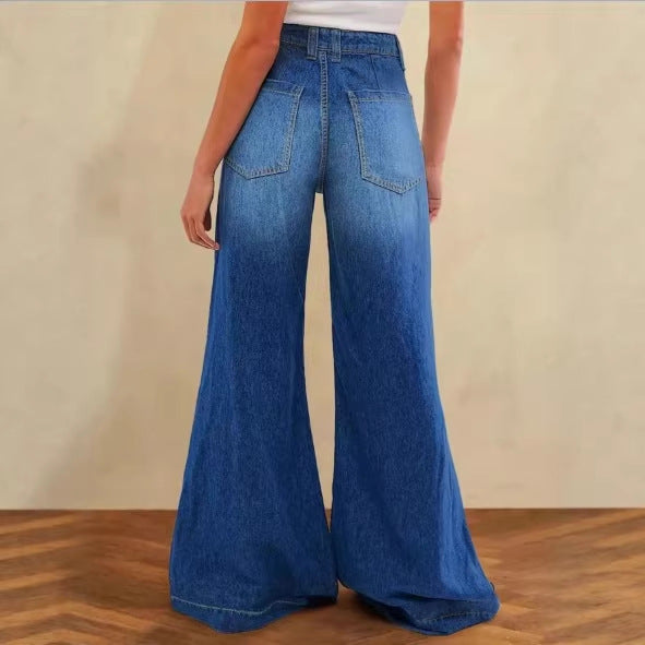 Women High-Waist Denim Palazzo Pants with Flowing A-Line and Wide Leg Mune Fashion
