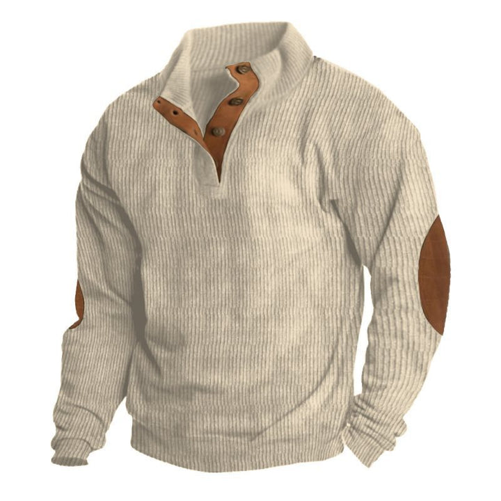 Men's Structured Sweater with Henley Button Placket, Elbow Patches and Two-Tone Block Mune Fashion