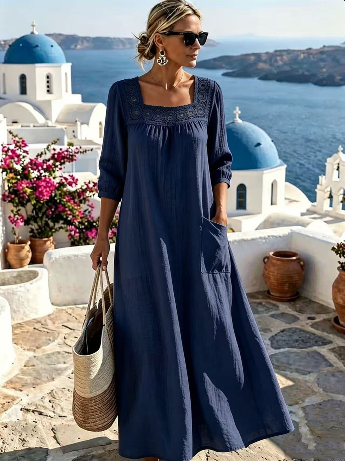 Women's maxi dress with crochet square neckline, three-quarter sleeves, and pocket Mune Fashion