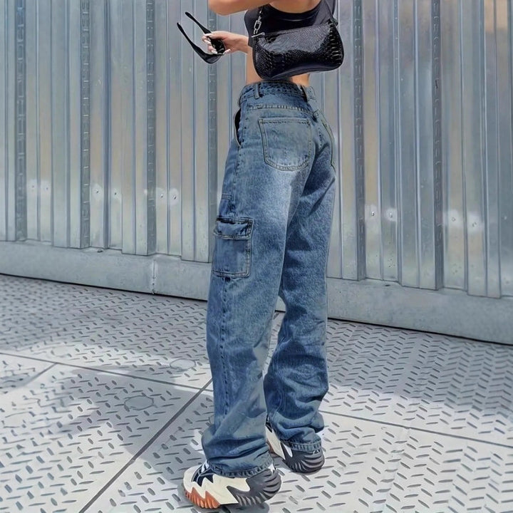 Women's cargo jeans in baggy look with high waist, drawstring and flap pockets Mune Fashion