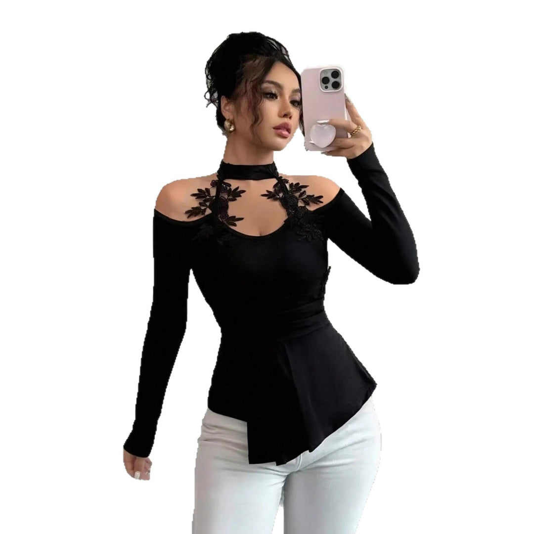 Women off-shoulder long sleeve top with choker collar, floral lace appliqués and tailored peplum Mune Fashion