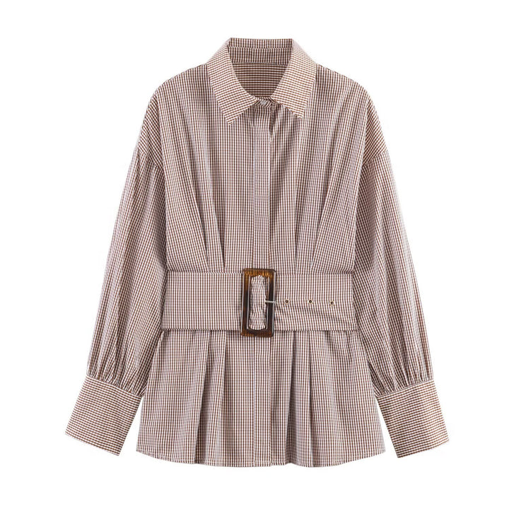Women's Tailored Shirt Dress with Check Gingham, Wide Waist Belt and Voluminous Sleeves Mune Fashion
