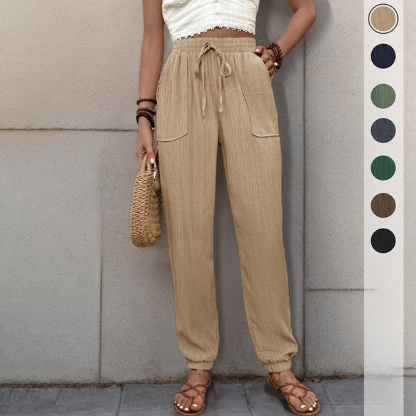 Women Loose Linen Look Jogger Pants with High Elastic Waistband, Drawstring, Patch Pockets & Elastic Cuffs Mune Fashion