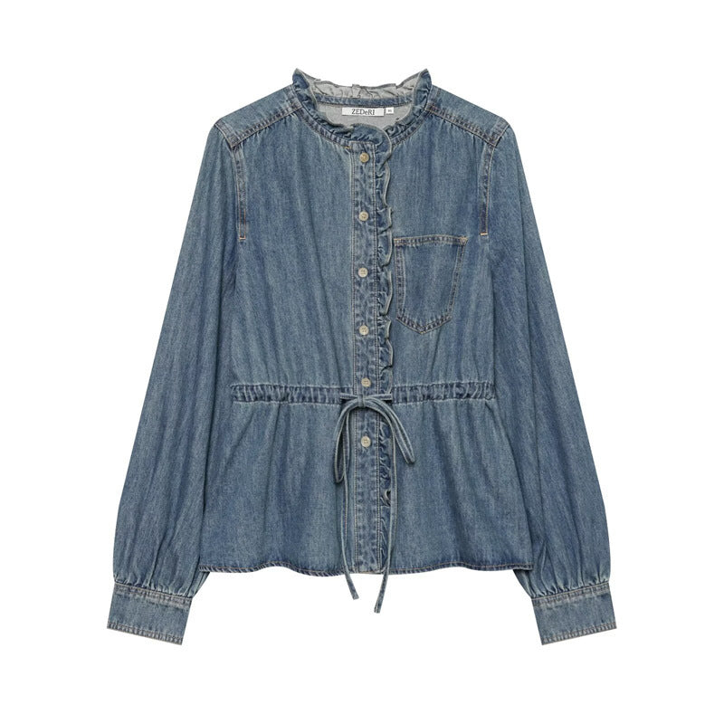 Women's tailored blouse jacket in denim look with ruffle collar and drawstring Mune Fashion