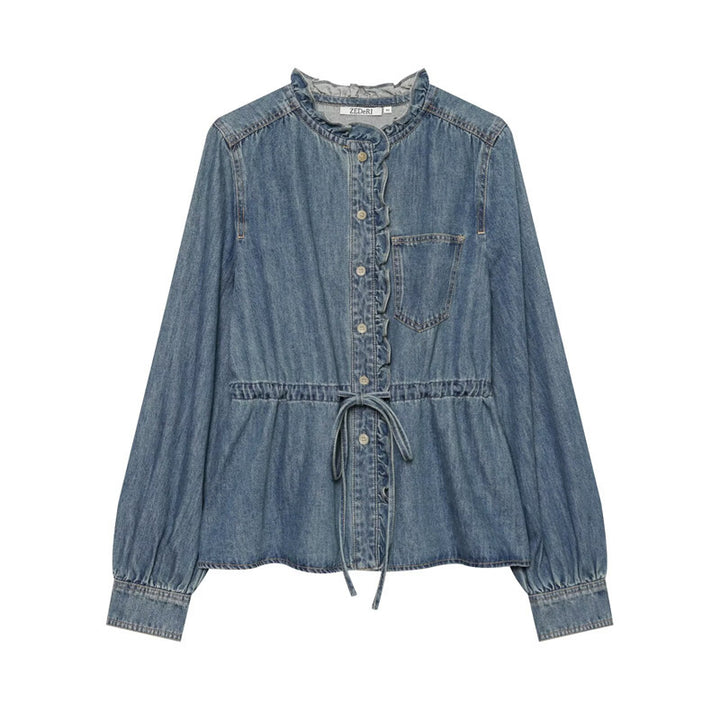 Women's tailored blouse jacket in denim look with ruffle collar and drawstring Mune Fashion