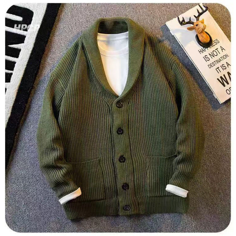 Men's shawl collar cardigan made of coarse ribbed knit with pockets & button placket Mune Fashion