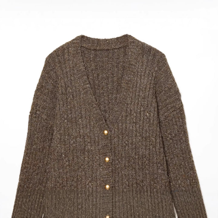 Women's Chunky Knit V-Neck Cardigan with Pearl Buttons and Melange Tweed Look Mune Fashion
