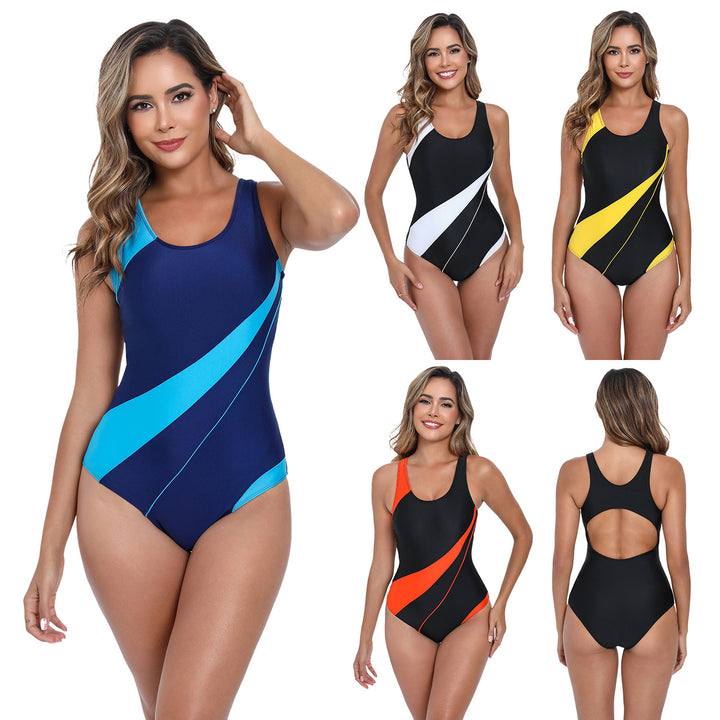 Damen Sportlicher Einteiler Badeanzug mit modernem Wellenmuster Echo Archiv
