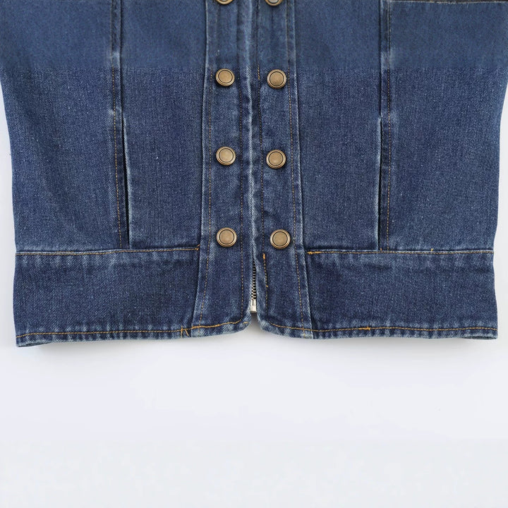 Ladies' denim jacket with stand-up collar, double row snap buttons, and epaulets Mune Fashion