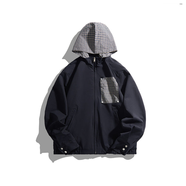 Unisex Light Hooded Transition Jacket with Check Patch Chest Pocket and Elastic Hem Mune Fashion